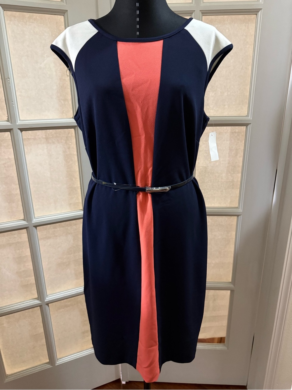 connected apparel Navy Midi Dress with Coral Center and White Shoulders